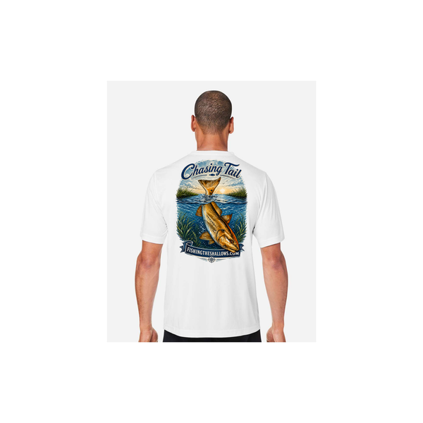 Diving Redfish SS in White, back view - mens short sleeve performance fishing shirt by Fishing The Shallows
