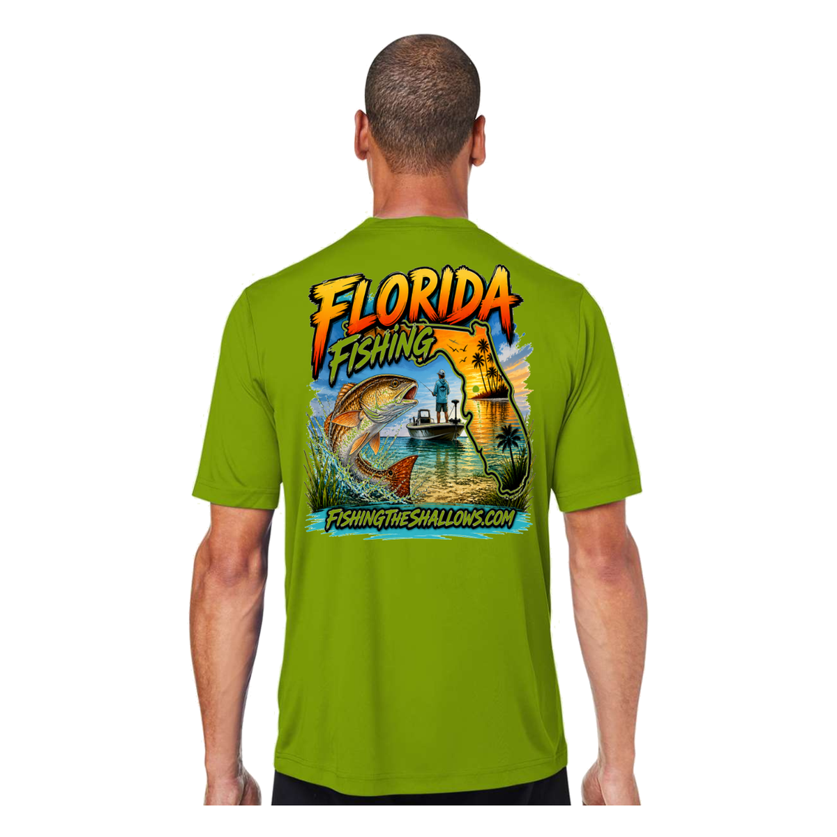 Florida FTS SS in Acid Green, back view - mens short sleeve performance fishing shirt by Fishing The Shallows