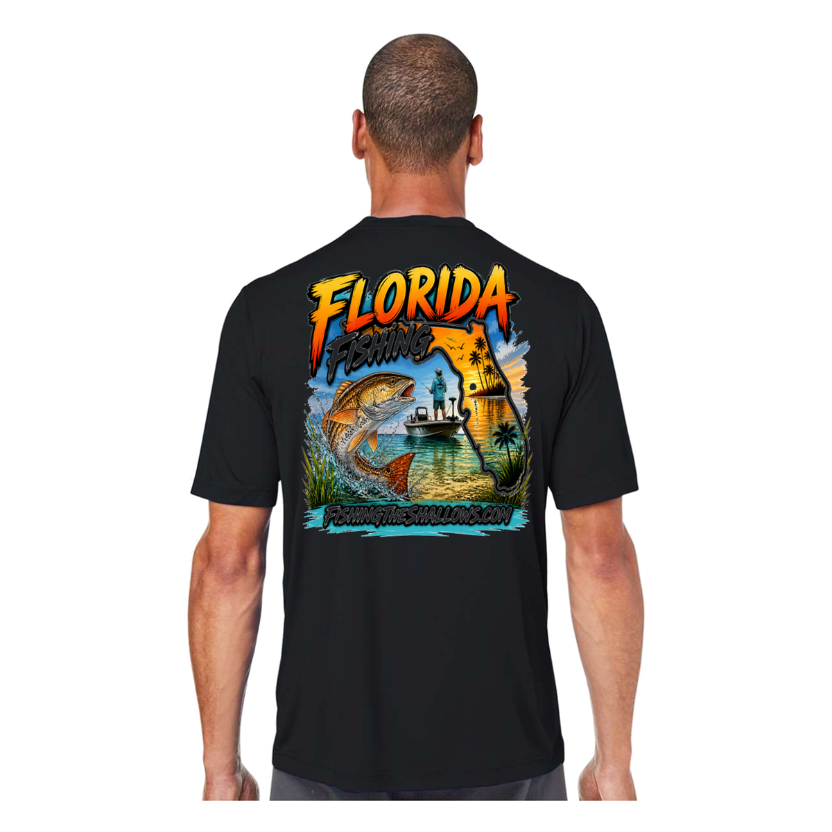 Florida FTS SS in Black, back view - mens short sleeve performance fishing shirt by Fishing The Shallows
