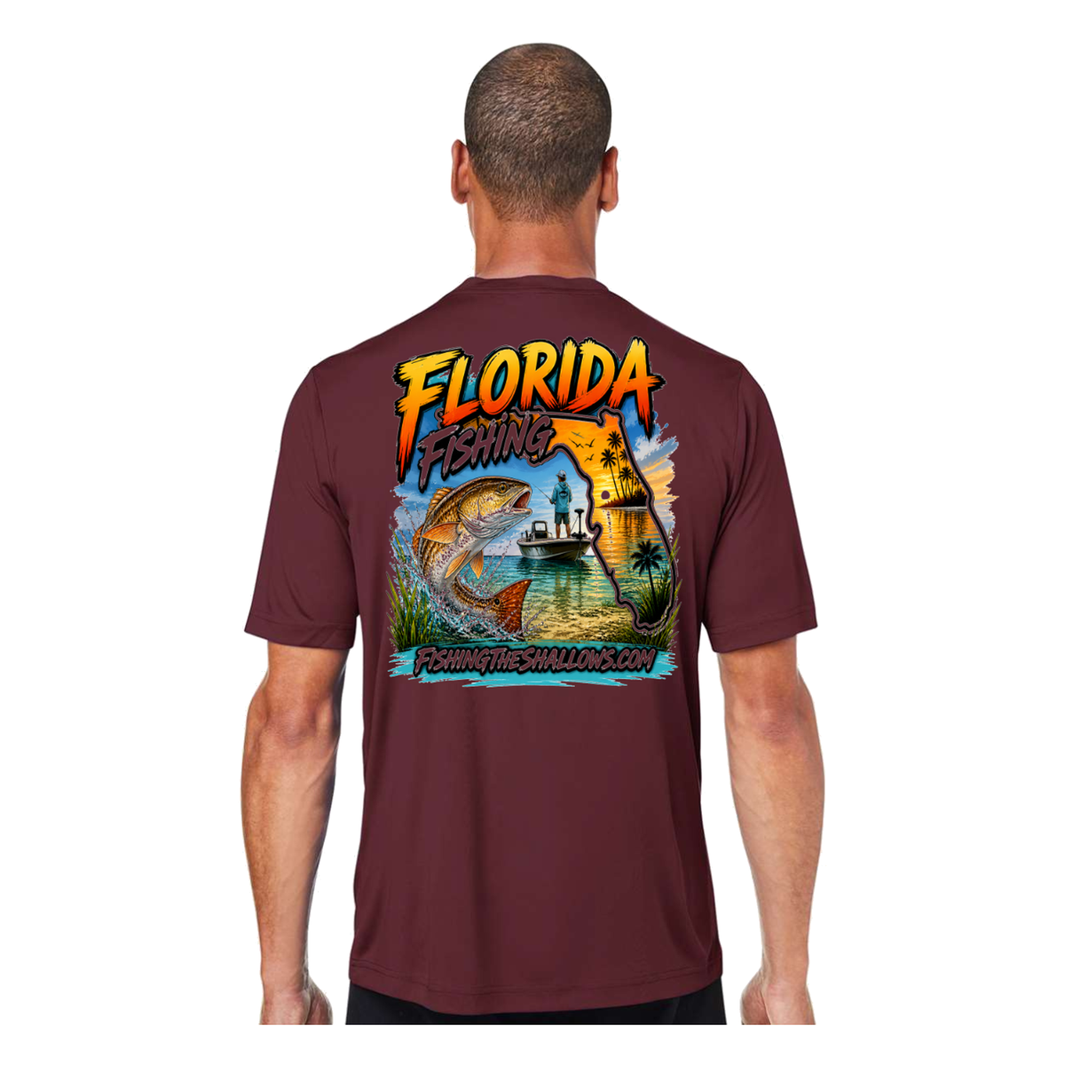 Florida FTS SS in Burgundy, back view - mens short sleeve performance fishing shirt by Fishing The Shallows
