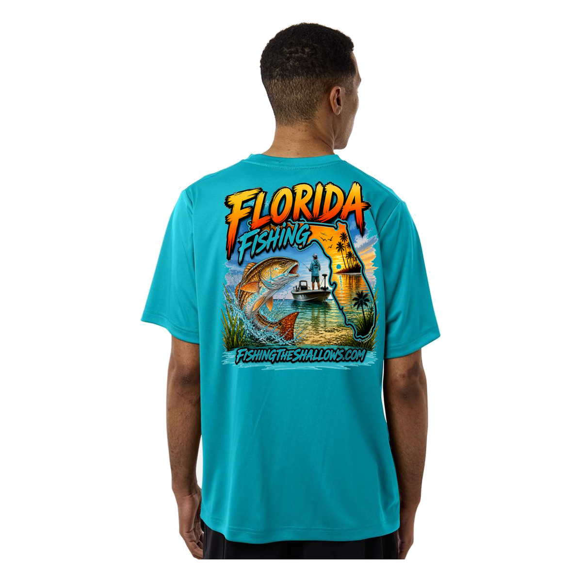 Florida FTS SS in Clear Teal, back view - mens short sleeve performance fishing shirt by Fishing The Shallows