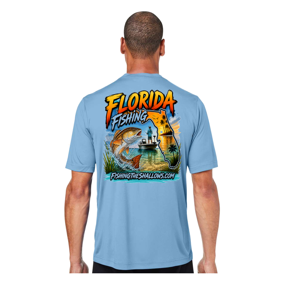 Florida FTS SS in Columbia Blue, back view - mens short sleeve performance fishing shirt by Fishing The Shallows