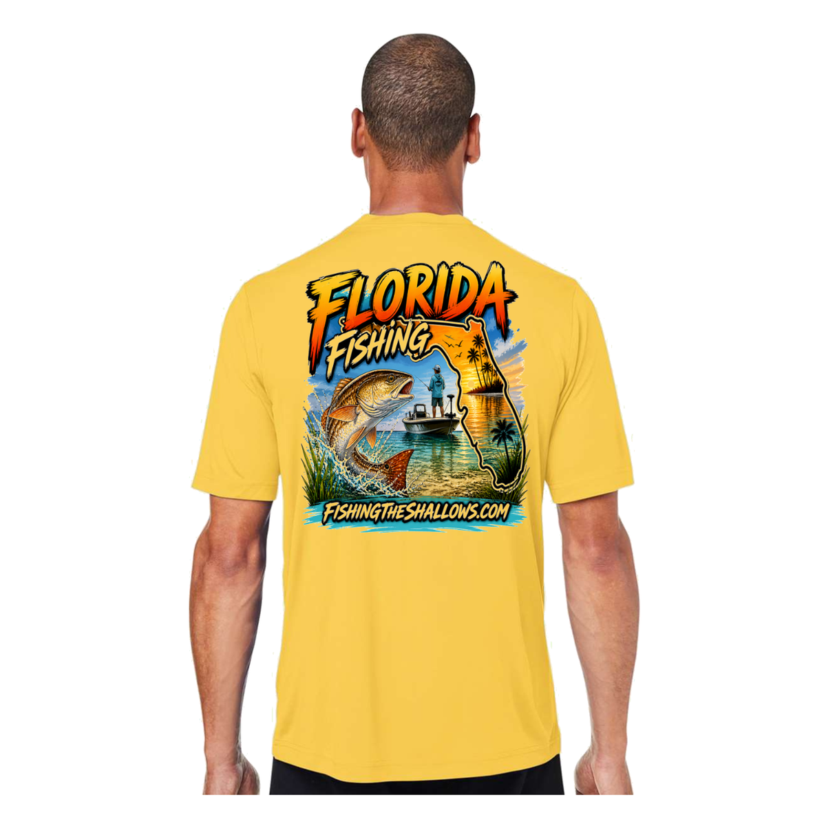 Florida FTS SS in Campus Gold, back view - mens short sleeve performance fishing shirt by Fishing The Shallows