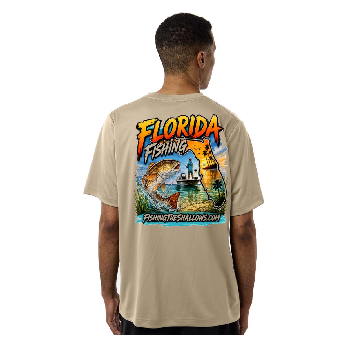 Florida FTS SS in Desert Kahki, back view - mens short sleeve performance fishing shirt by Fishing The Shallows