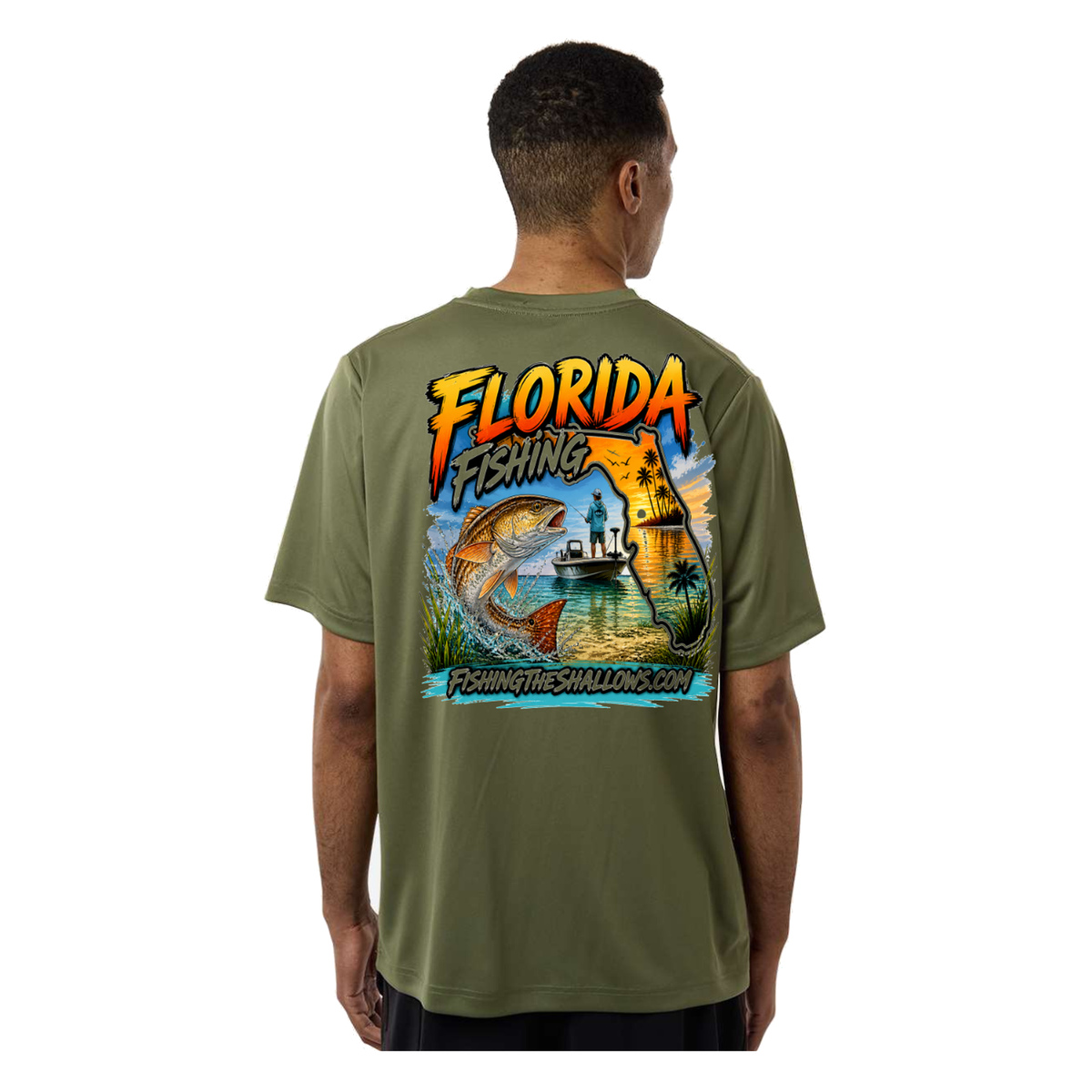 Florida FTS SS in Military Green, back view - mens short sleeve performance fishing shirt by Fishing The Shallows