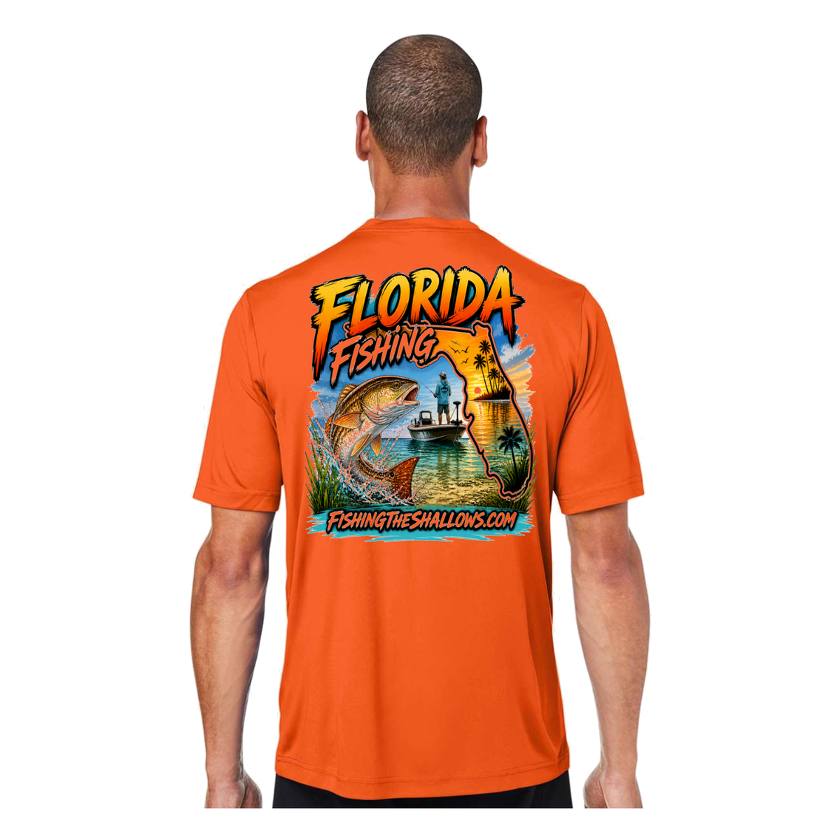 Florida FTS SS in Campus Orange, back view - mens short sleeve performance fishing shirt by Fishing The Shallows