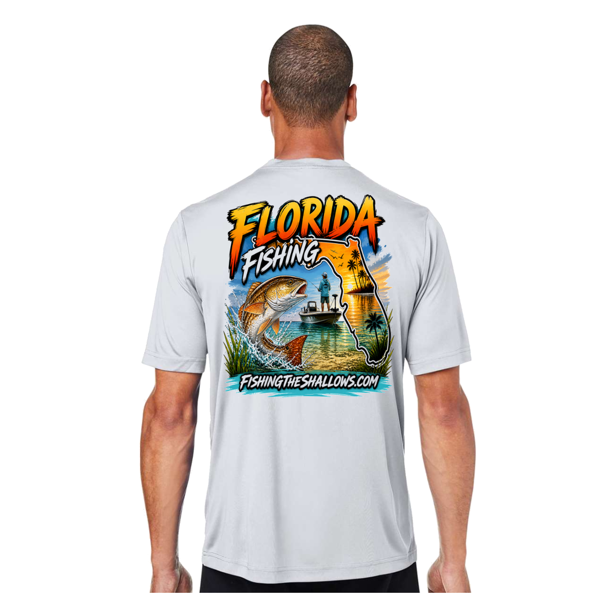 Florida FTS SS in Platinum, back view - mens short sleeve performance fishing shirt by Fishing The Shallows