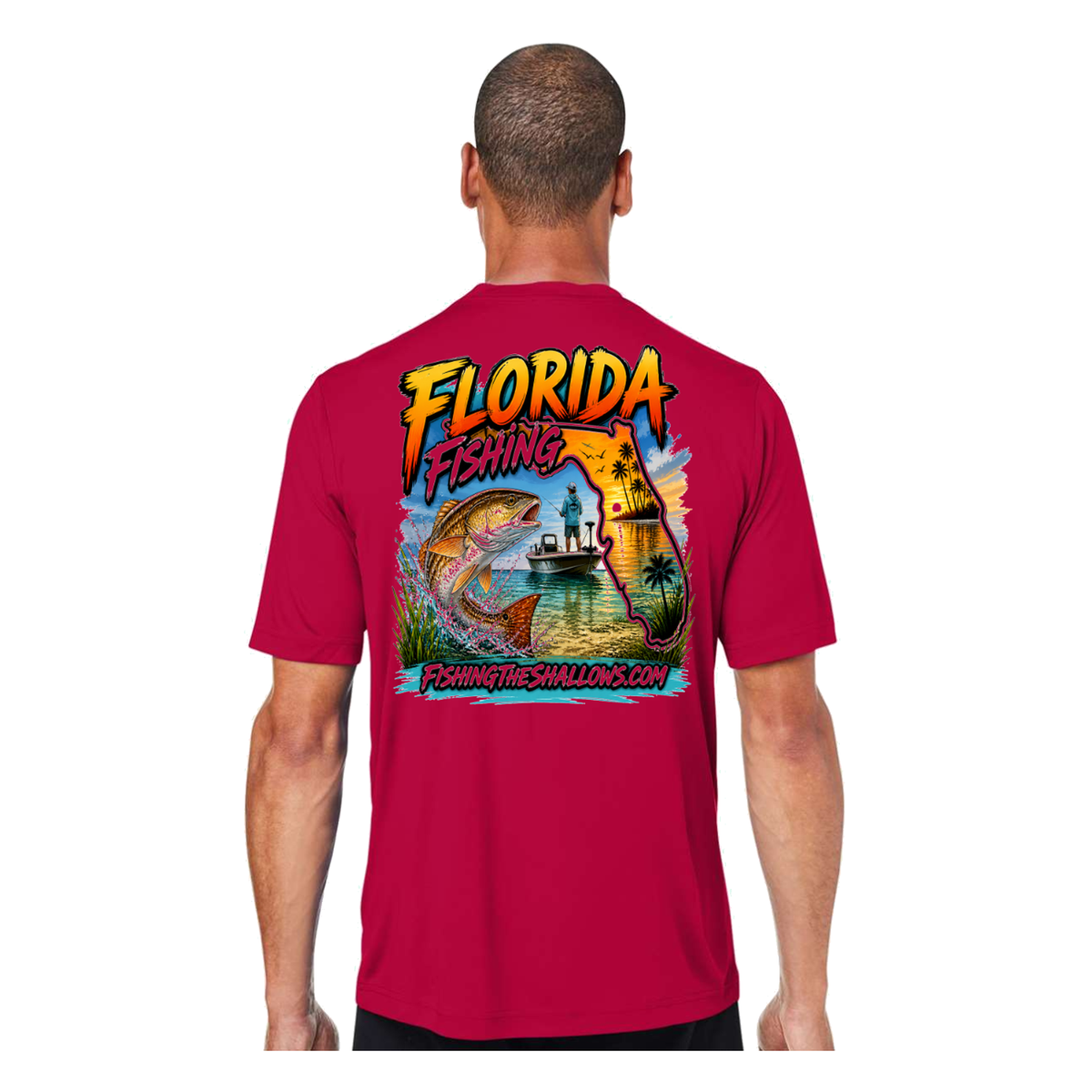 Florida FTS SS in Classic Red, back view - mens short sleeve performance fishing shirt by Fishing The Shallows