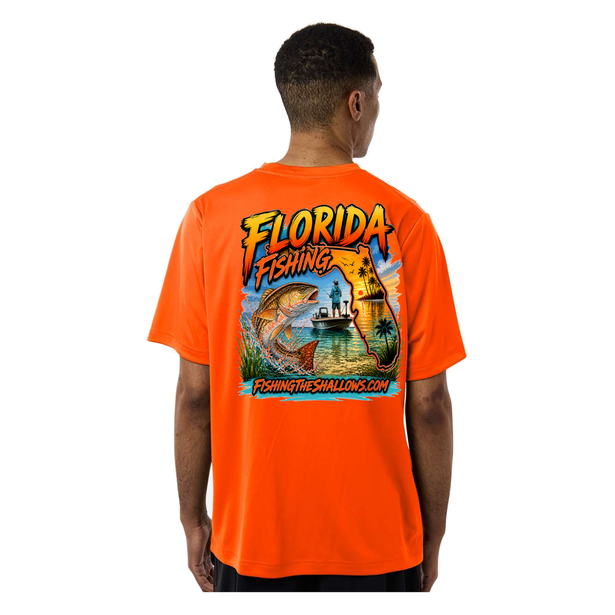 Florida FTS SS in Safety Orange, back view - mens short sleeve performance fishing shirt by Fishing The Shallows