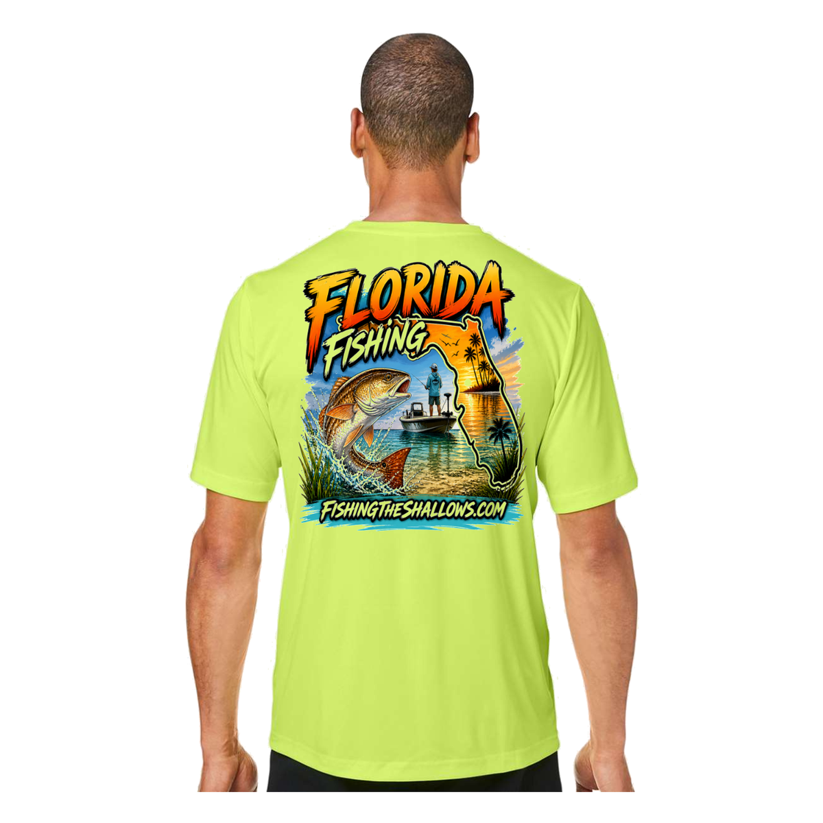 Florida FTS SS in Safety Yellow, back view - mens short sleeve performance fishing shirt by Fishing The Shallows
