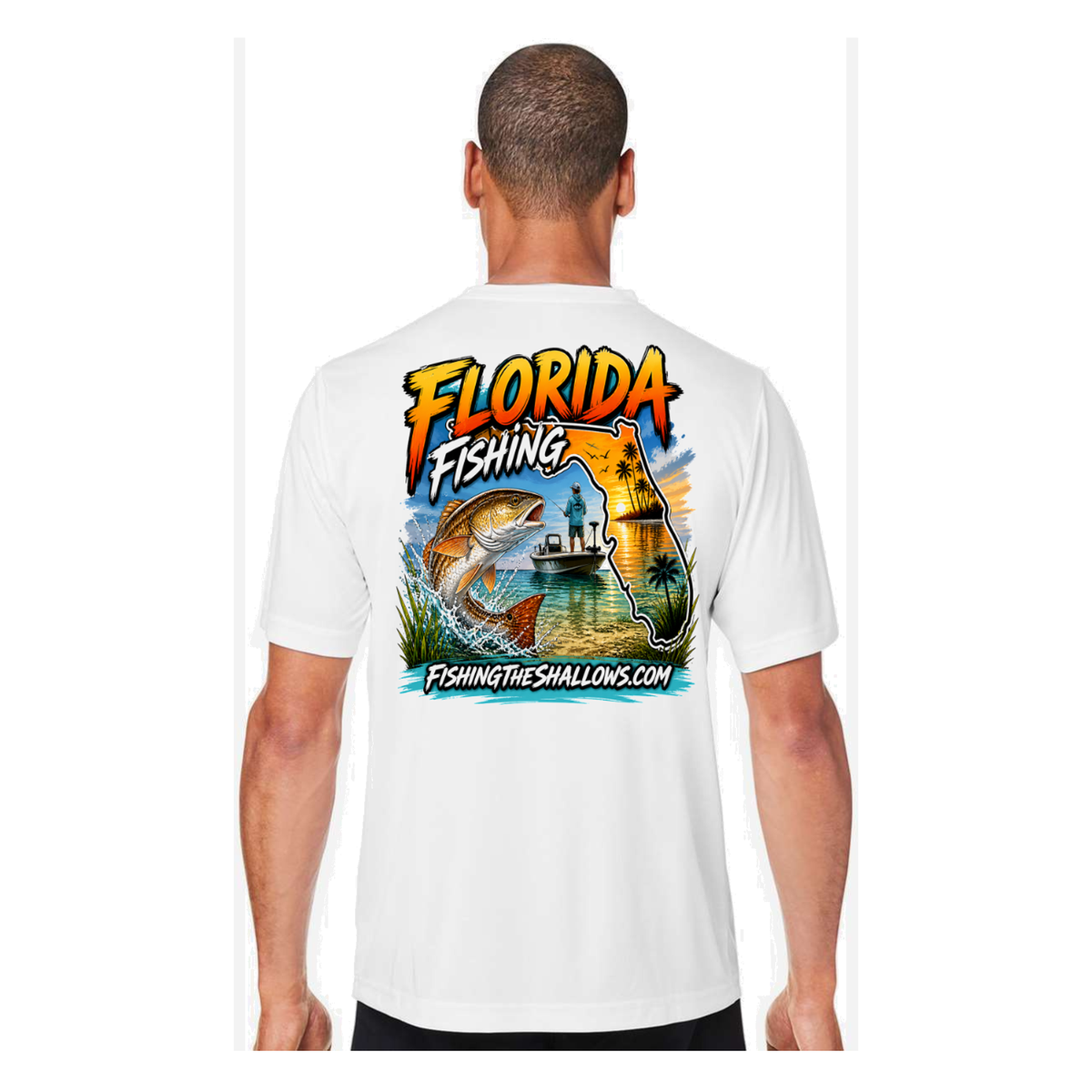 Florida FTS SS in White, back view - mens short sleeve performance fishing shirt by Fishing The Shallows
