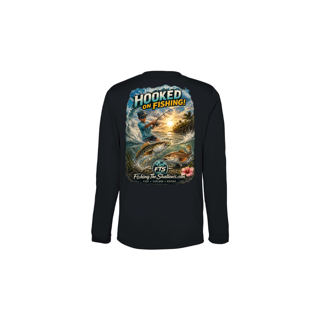Hooked On Fishing – Youth Long Sleeve in Black - back view