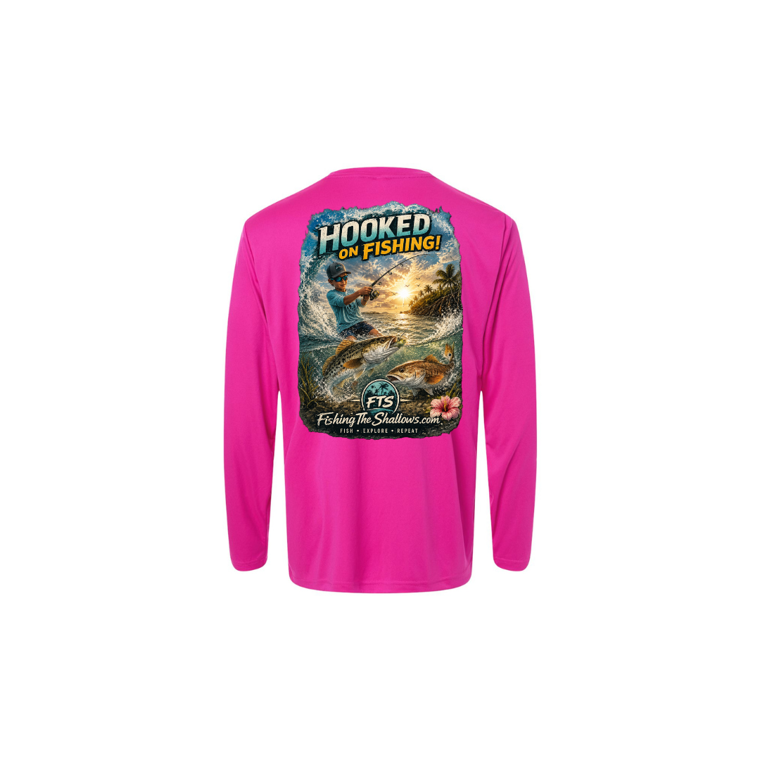 Hooked On Fishing – Youth Long Sleeve in Bright Magenta - back view
