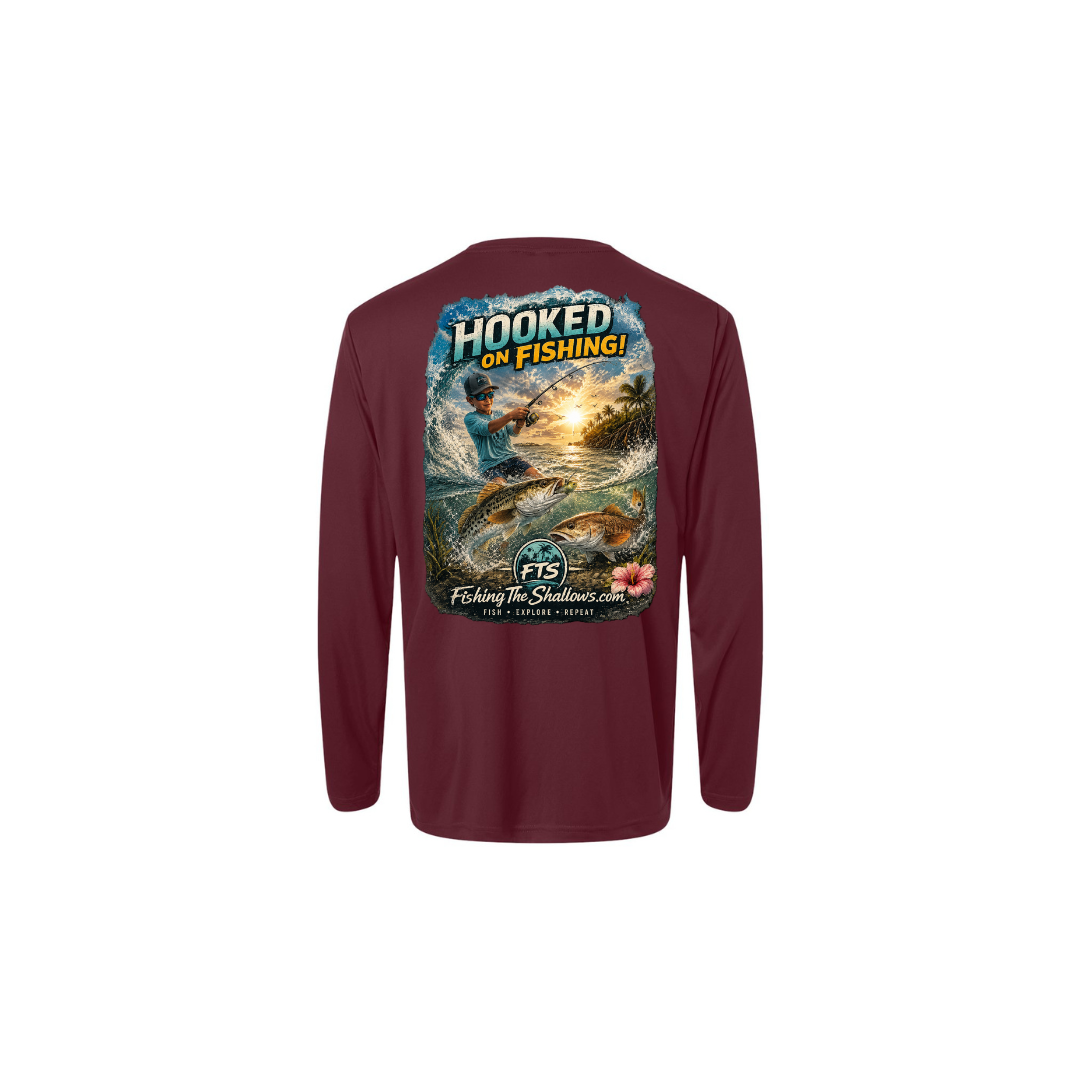 Hooked On Fishing – Youth Long Sleeve in Burgundy - back view
