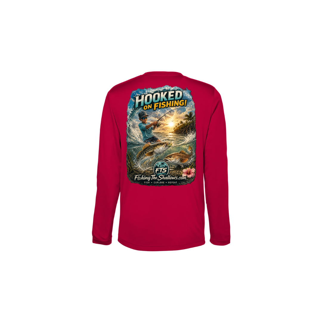 Hooked On Fishing – Youth Long Sleeve in Classic Red - back view