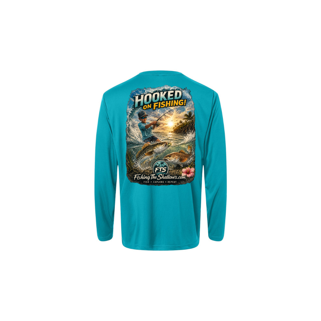 Hooked On Fishing – Youth Long Sleeve in Clear Teal - back view