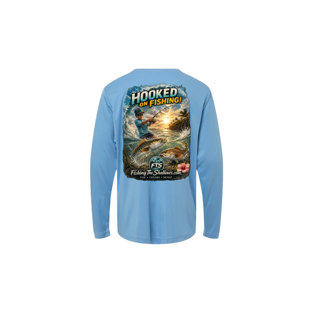 Hooked On Fishing – Youth Long Sleeve in Columbia Blue - back view