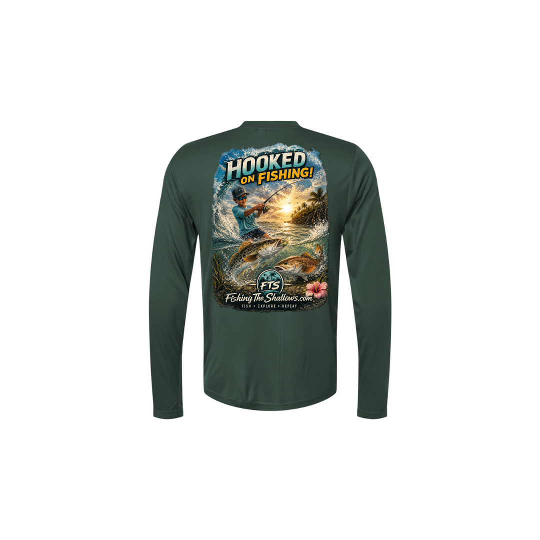 Hooked On Fishing – Youth Long Sleeve in Forest - back view