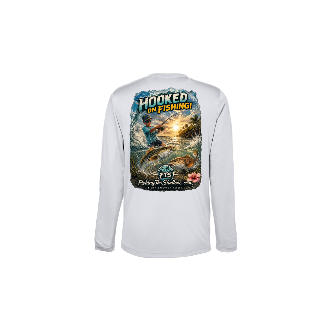 Hooked On Fishing – Youth Long Sleeve in Platinum - back view