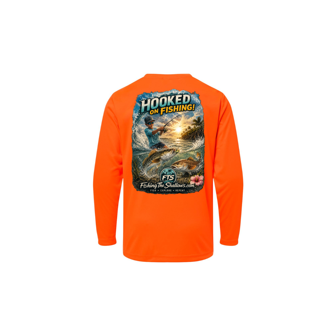 Hooked On Fishing – Youth Long Sleeve in Safety Orange - back view