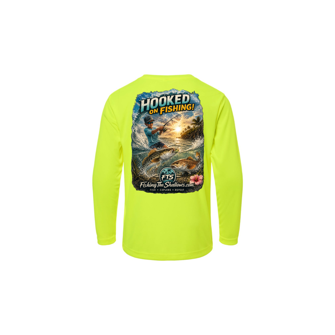 Hooked On Fishing – Youth Long Sleeve in Safety Yellow - back view