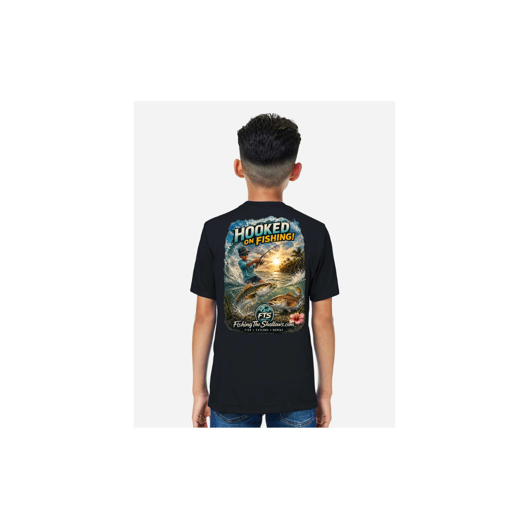 Hooked On Fishing – Youth Short Sleeve in Black - back view