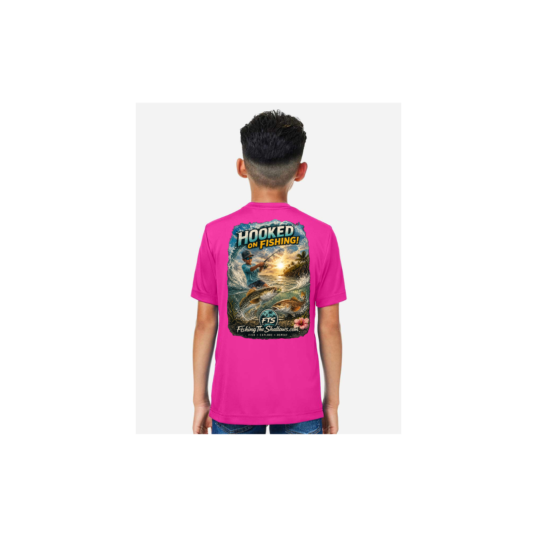 Hooked On Fishing – Youth Short Sleeve in Bright Magenta - back view