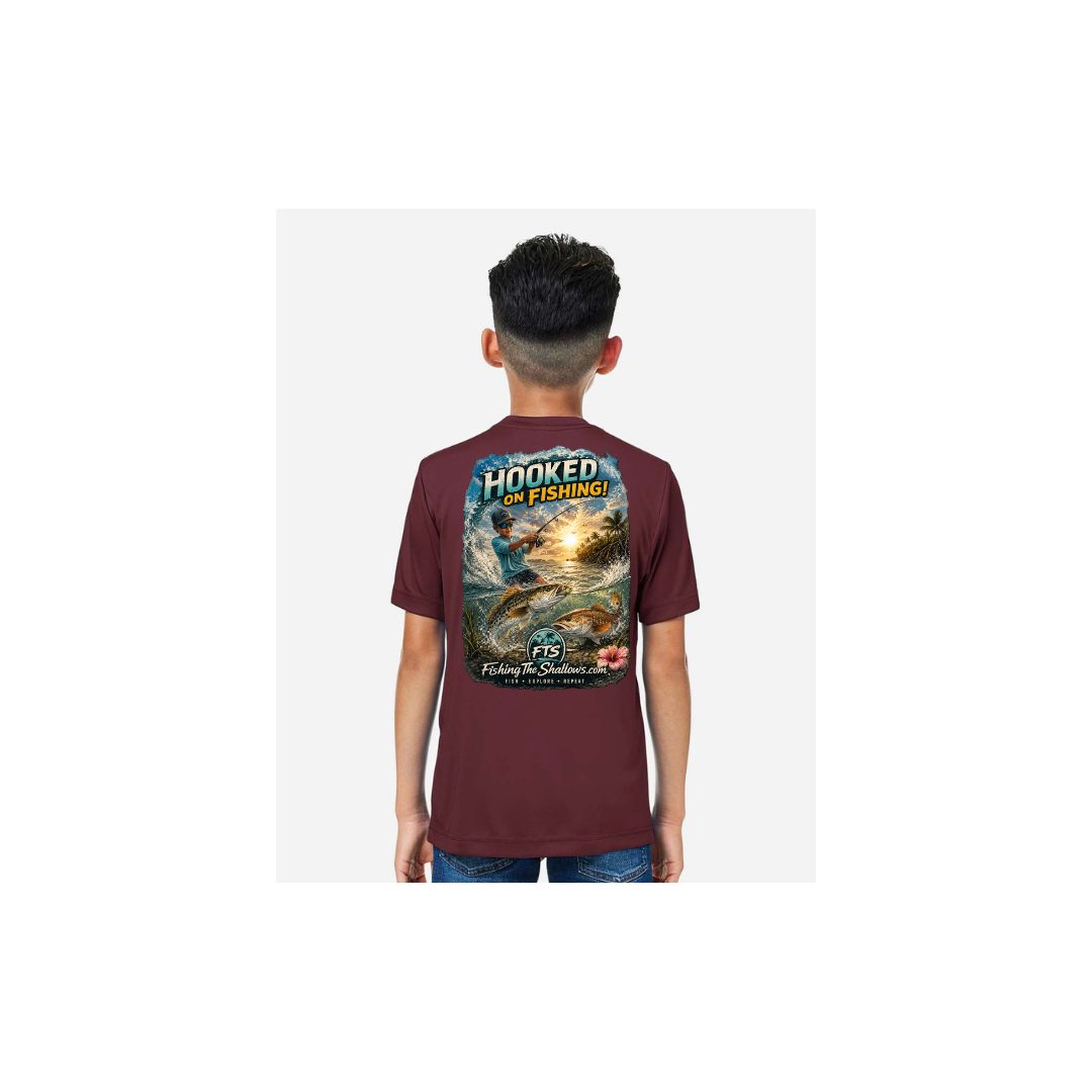 Hooked On Fishing – Youth Short Sleeve in Burgundy - back view