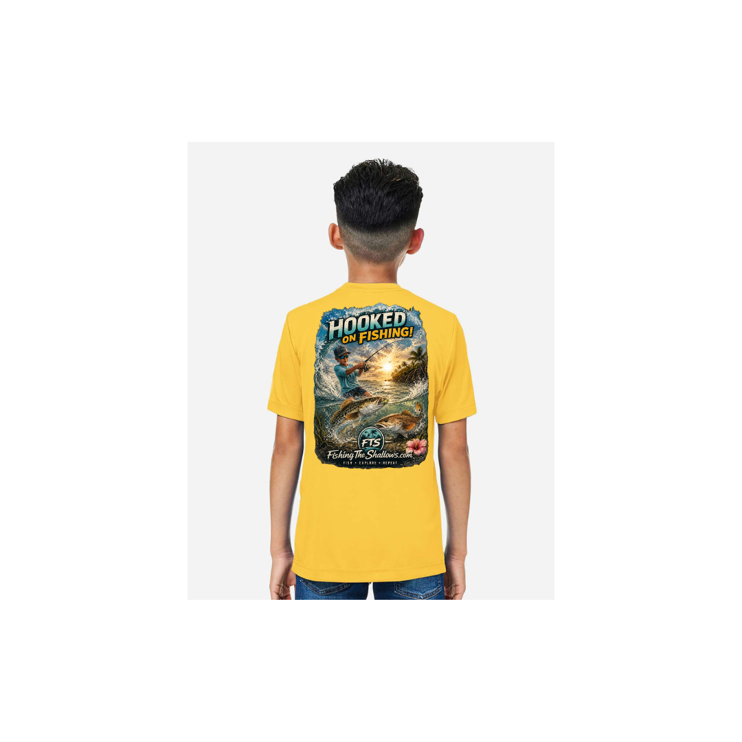 Hooked On Fishing – Youth Short Sleeve in Campus Gold - back view