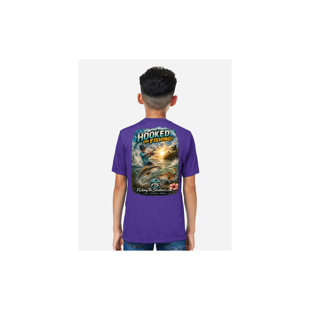 Hooked On Fishing – Youth Short Sleeve in Campus Purple - back view