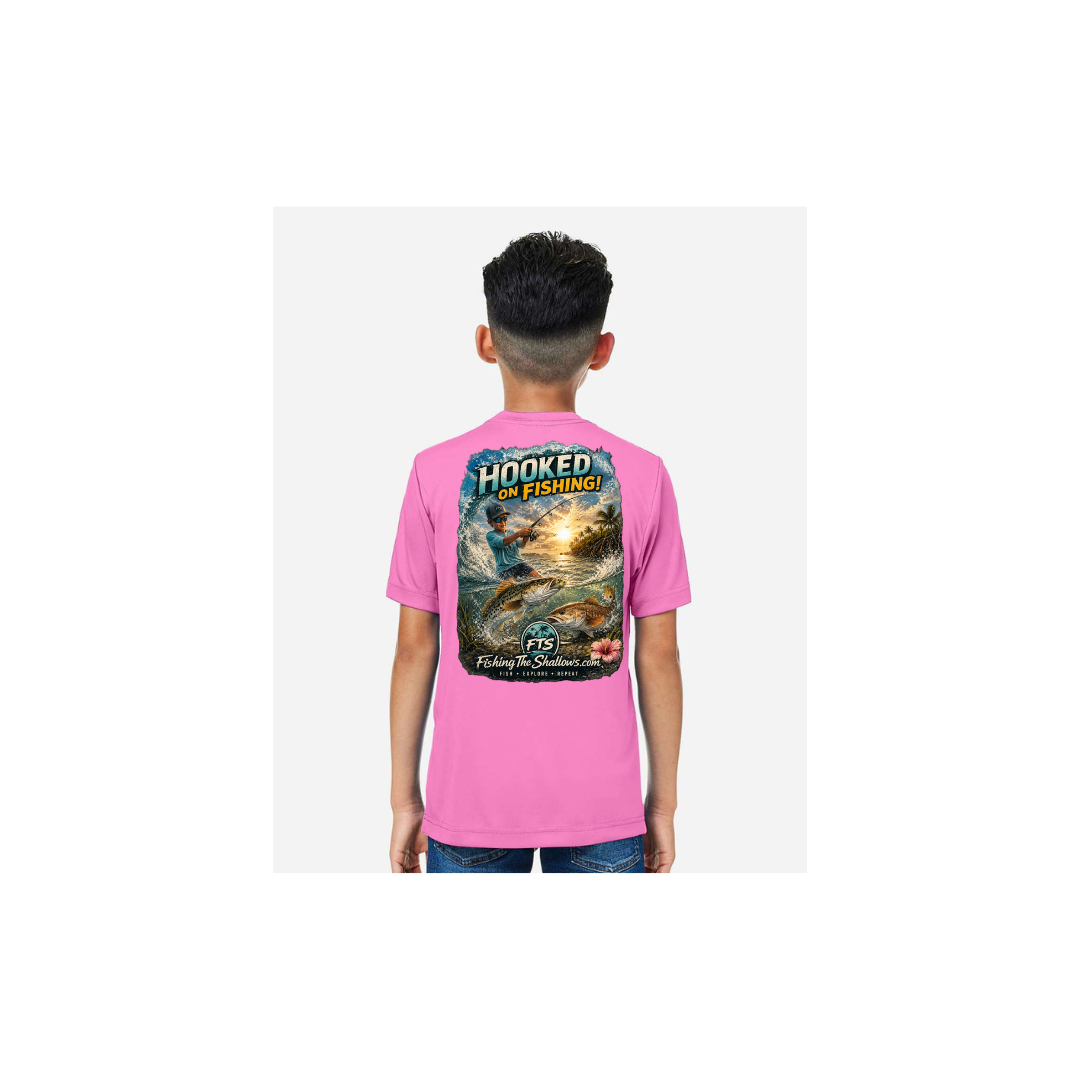 Hooked On Fishing – Youth Short Sleeve in Charity Pink - back view