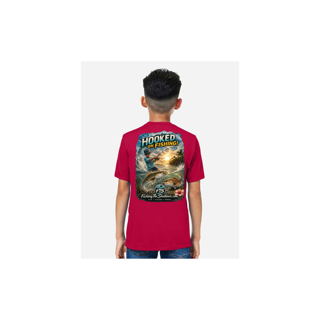 Hooked On Fishing – Youth Short Sleeve in Classic Red - back view