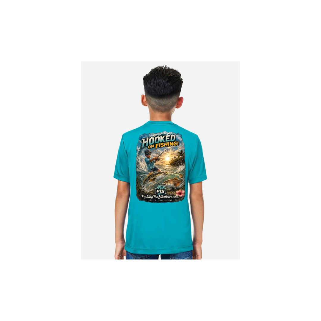 Hooked On Fishing – Youth Short Sleeve in Clear Teal - back view