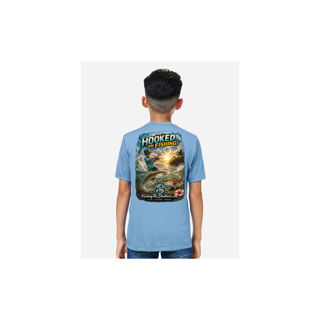 Hooked On Fishing – Youth Short Sleeve in Columbia Blue - back view