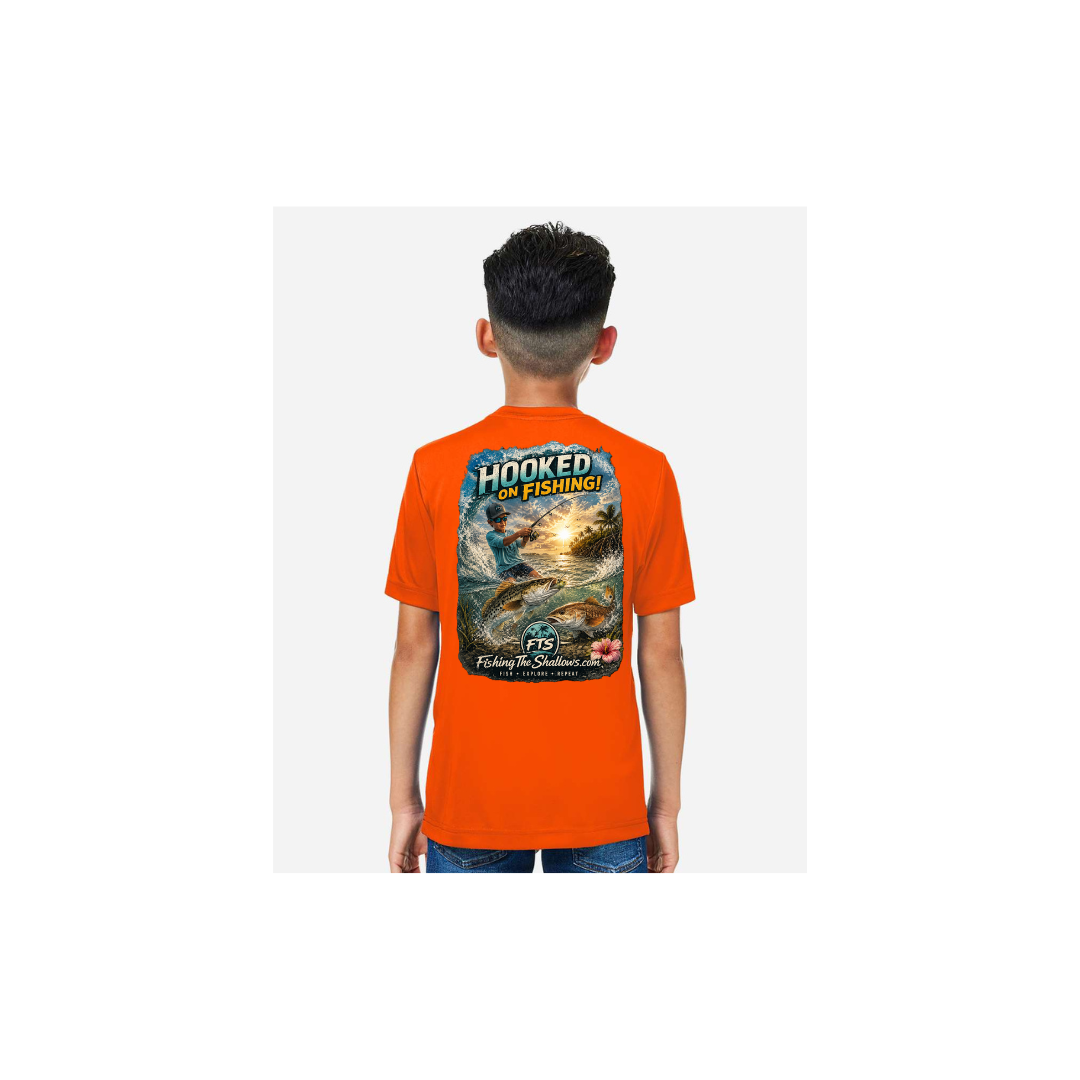 Hooked On Fishing – Youth Short Sleeve in Safety Orange - back view