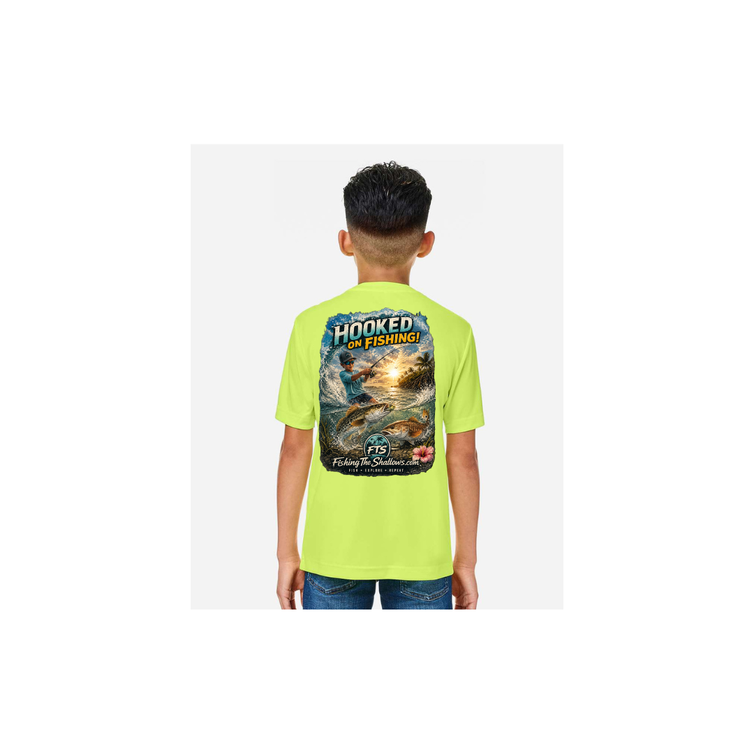Hooked On Fishing – Youth Short Sleeve in Safety Yellow - back view