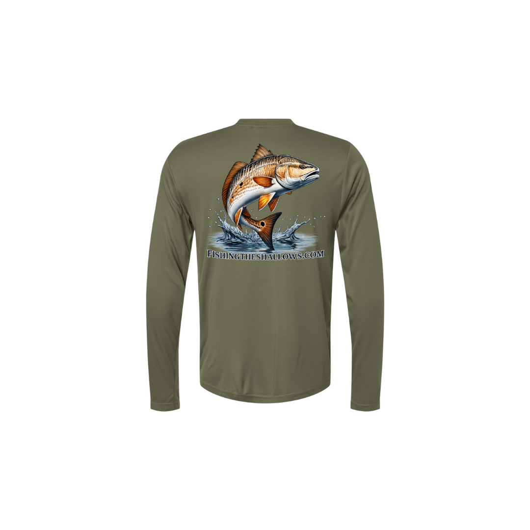 Redfish Art – Men's Long Sleeve in Military Green - back view