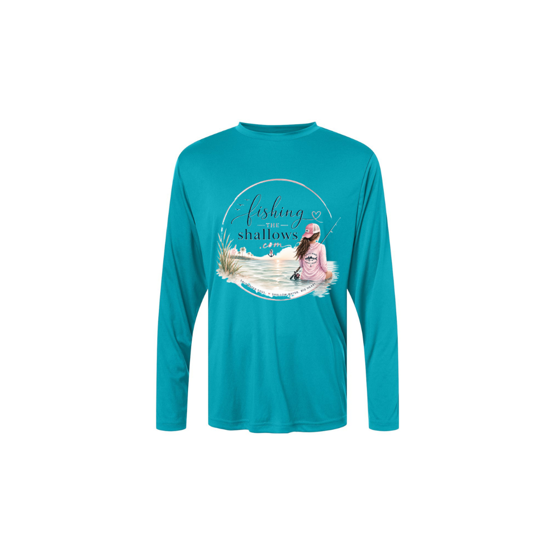 Sitting Girl – Girls Long Sleeve in Clear Teal - back view