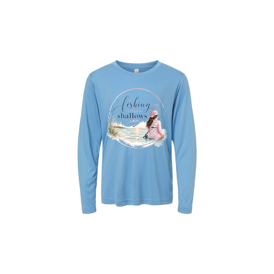 Sitting Girl – Girls Long Sleeve in Columbia Blue - back view