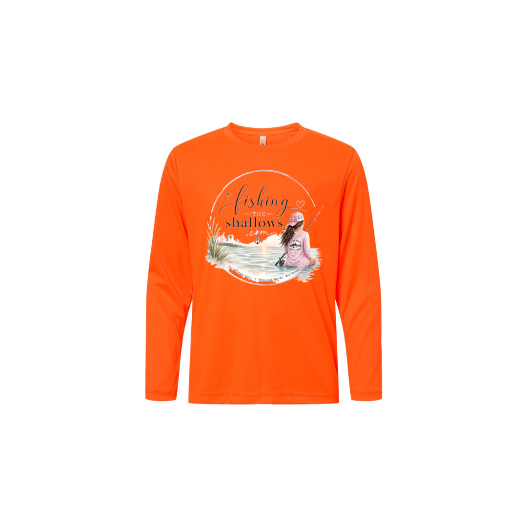 Sitting Girl – Girls Long Sleeve in Safety Orange - back view
