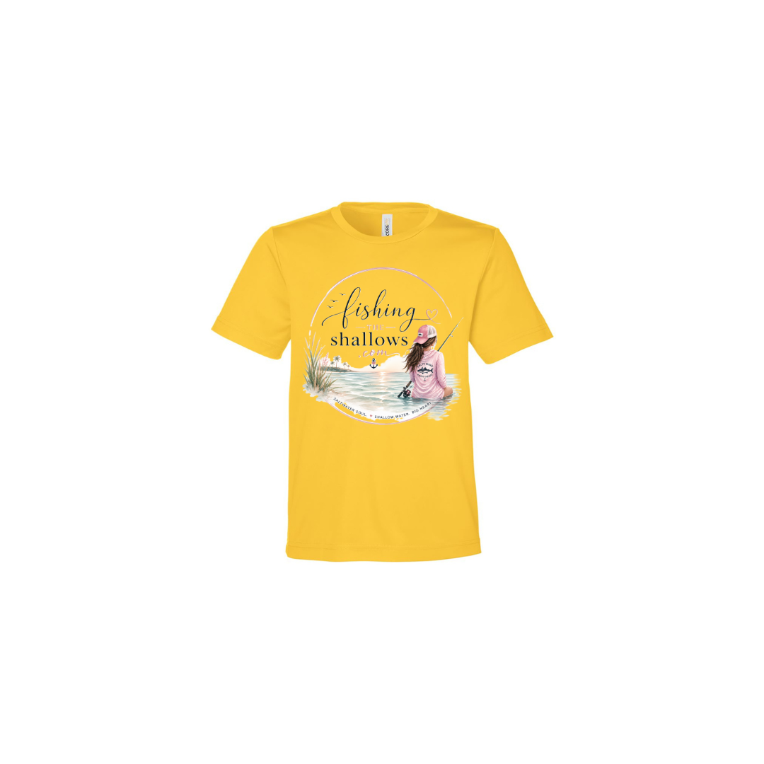 Sitting Girl – Girls Short Sleeve in Campus Gold - back view