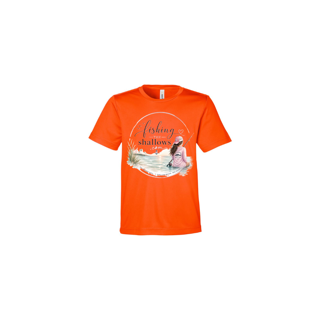 Sitting Girl – Girls Short Sleeve in Campus Orange - back view