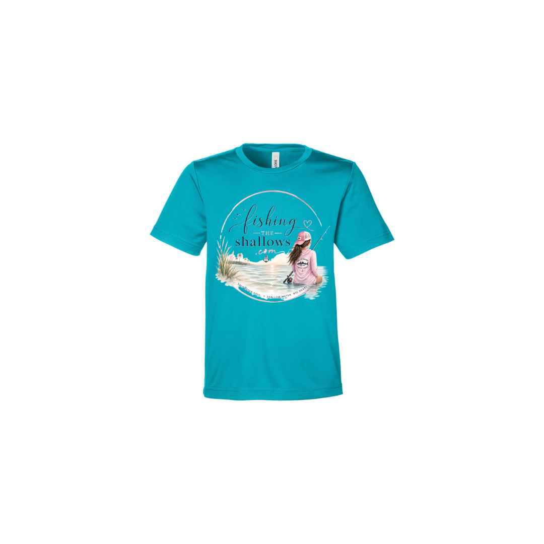Sitting Girl – Girls Short Sleeve in Clear Teal - back view