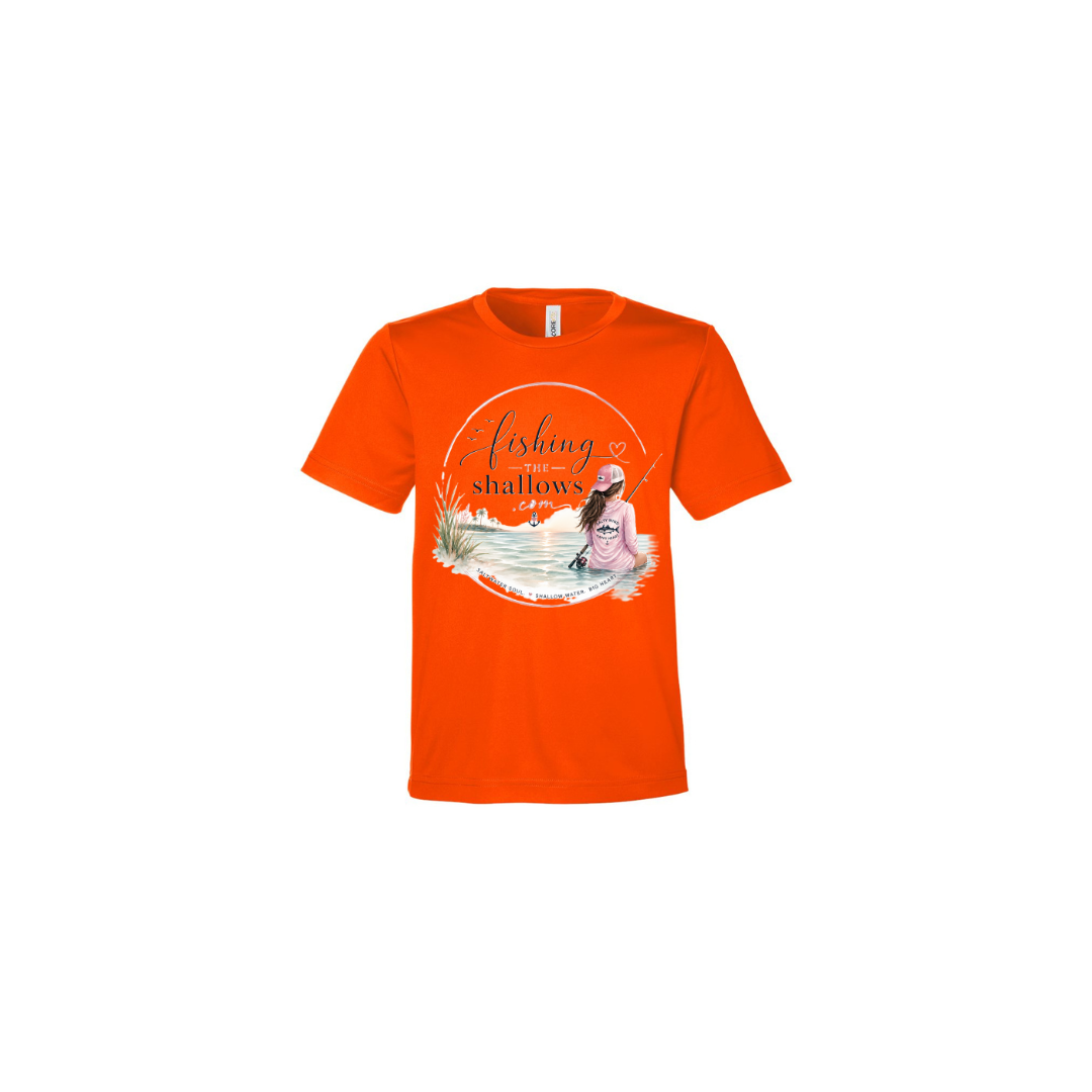 Sitting Girl – Girls Short Sleeve in Safety Orange - back view