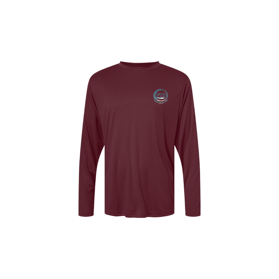 Redfish Art 2 – Youth Long Sleeve in Burgundy - front logo view