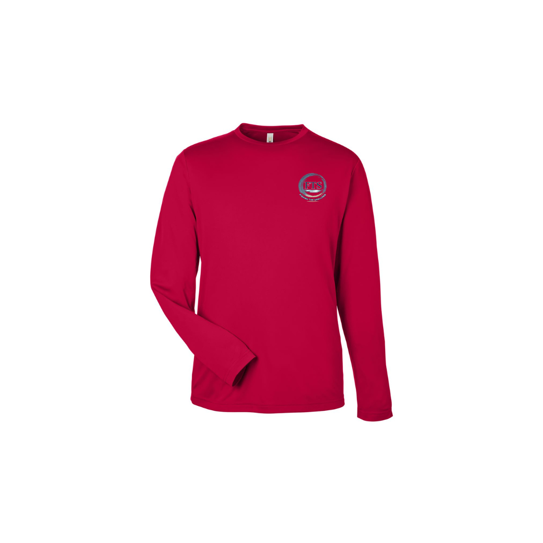 Hooked On Fishing – Youth Long Sleeve in Classic Red - front logo view