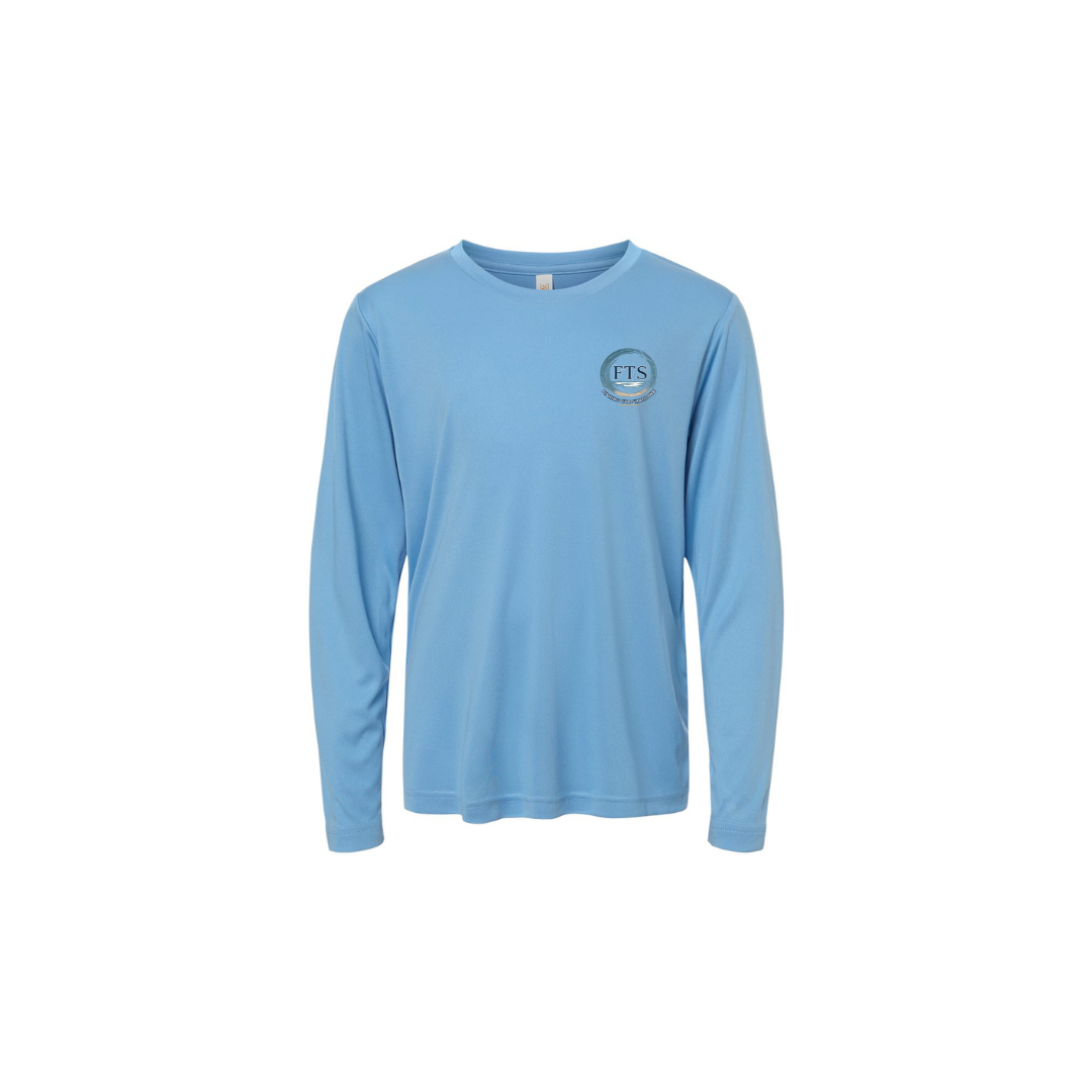 Hooked On Fishing – Youth Long Sleeve in Columbia Blue - front logo view