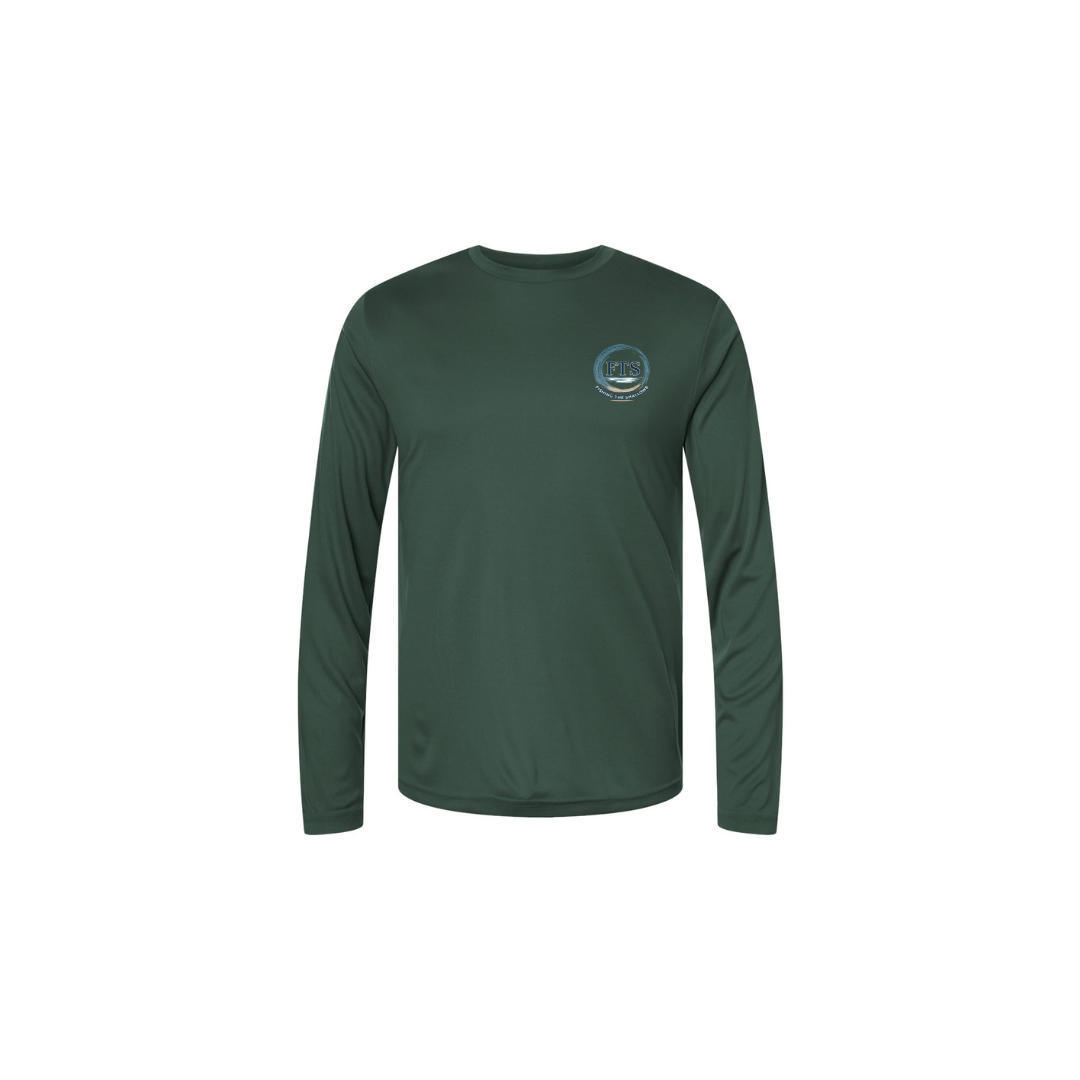 Redfish Art 2 – Youth Long Sleeve in Forest - front logo view