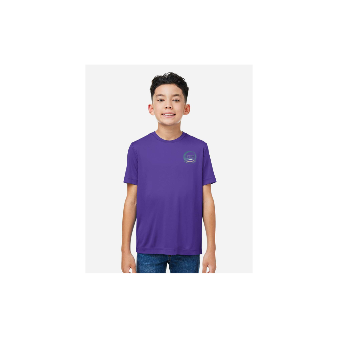Hooked On Fishing – Youth Short Sleeve in Campus Purple - front logo view
