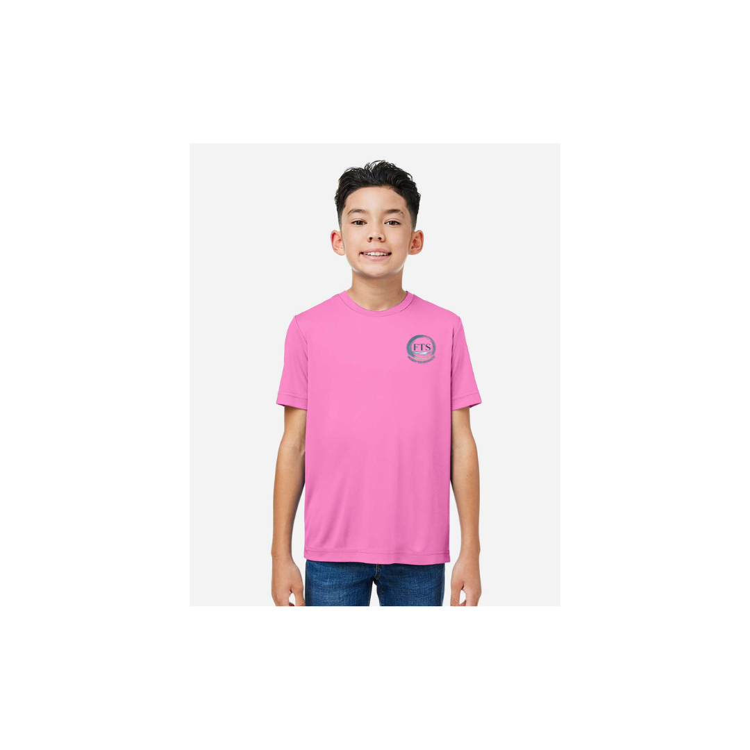 Hooked On Fishing – Youth Short Sleeve in Charity Pink - front logo view